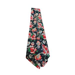 Vintage Man Road Santa Christmas Tie Handmade‎ Holiday Gifts Poinsettia Black